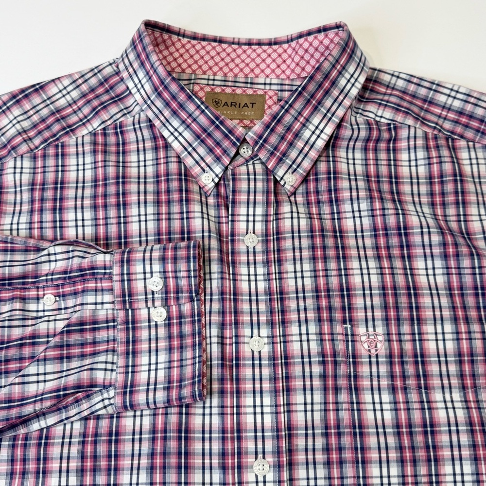Ariat Wrinkle-Free Men's 3XL Pink Blue Plaid Long Sleeve Button Down